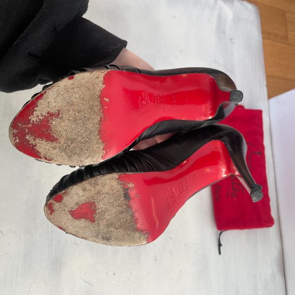 Christian Louboutin Lady Gres Platform Pumps Black Leather Peep Toe Ruched Knot - Picture 14 of 16